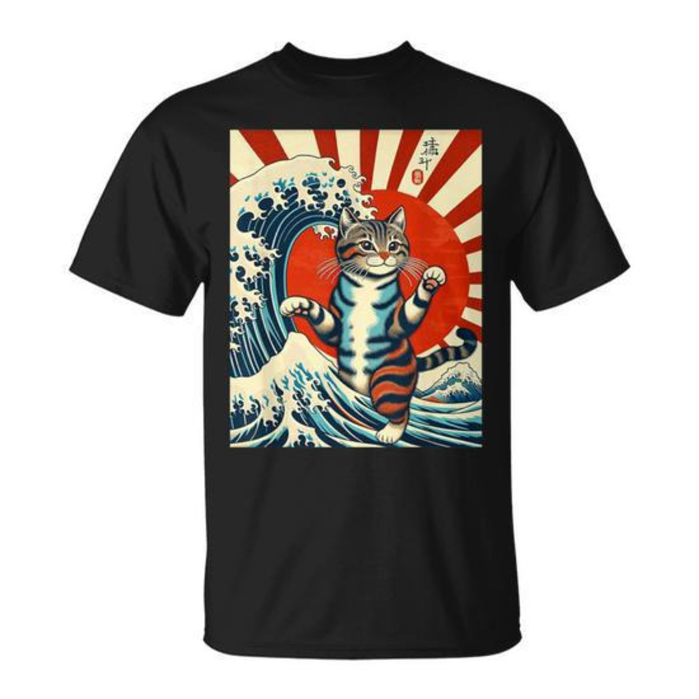 Cat Japanese Great Wave Tshirt Catzilla The Great Wave Off Kanagawa Tee